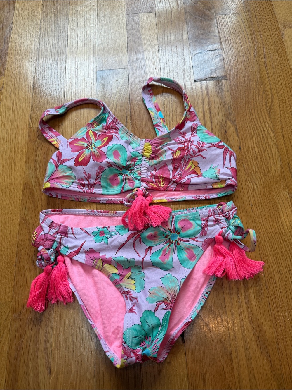 Floral Pink Girls Two-Piece Swimsuit with Tassels